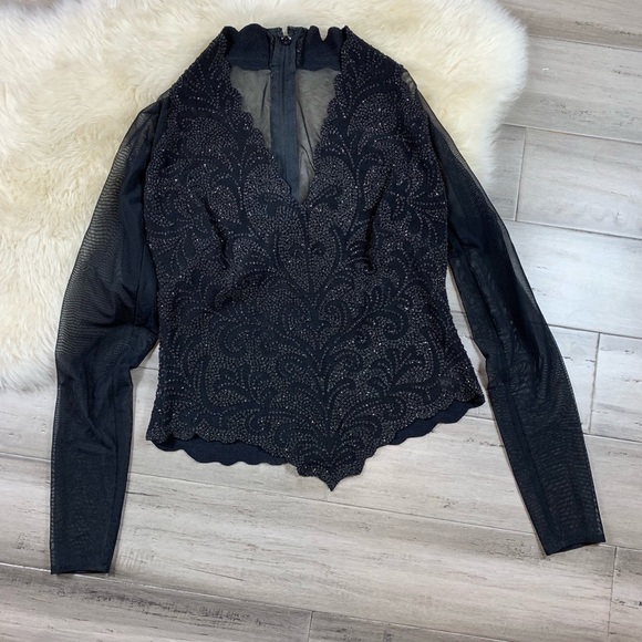 Tadashi Beaded Sheer Sleeve Top Long Sleeve Black M - Picture 1 of 6